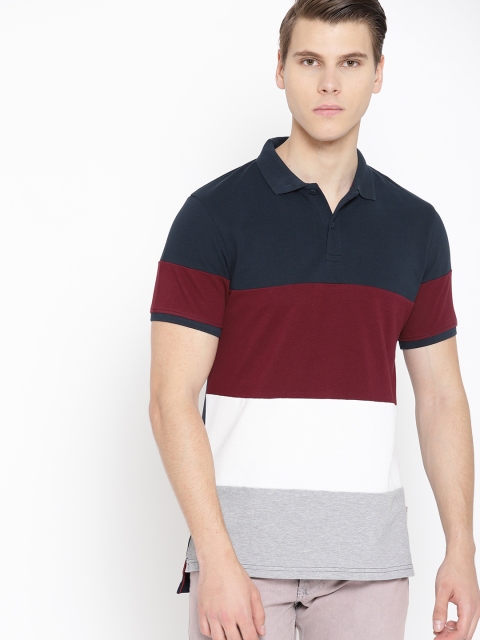 

Roadster Men Navy Blue & Maroon Colourblocked Polo Collar T-shirt