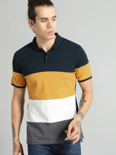 

Roadster Men Navy & Mustard Yellow Colourblocked Polo Collar T-shirt, Navy blue