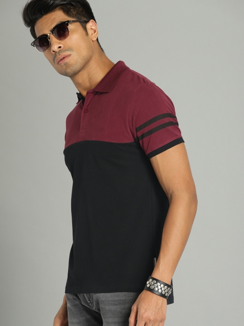 

Roadster Men Maroon & Black Colourblocked Polo Collar T-shirt