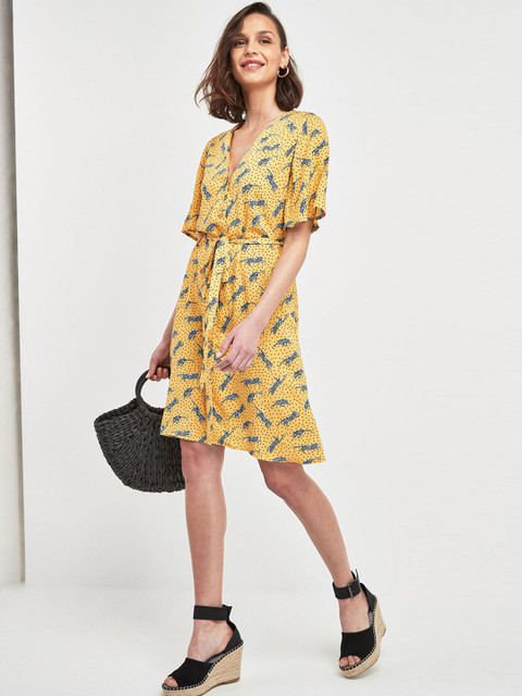 

next Women Yellow & Green Printed Wrap Dress