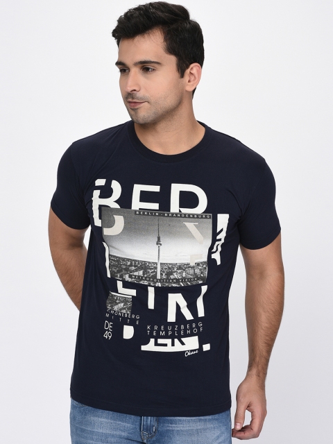 

Okane Men Navy Blue Printed Round Neck T-shirt