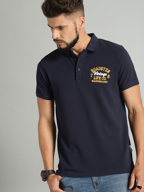 

Roadster Men Navy Solid Polo Collar T-shirt, Navy blue