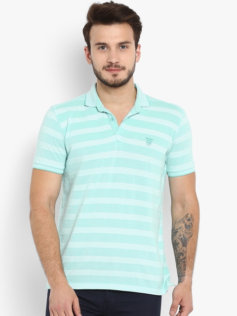 

Mufti Men Green Striped Polo Collar T-shirt