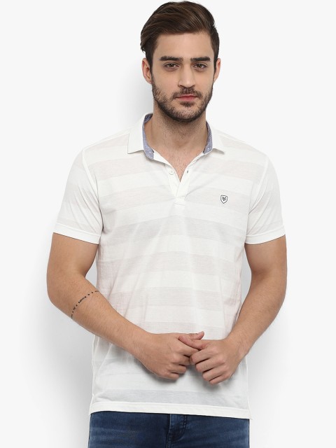 

Mufti Men White Striped Polo Collar T-shirt