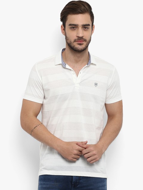 

Mufti Men White Striped Polo Collar T-shirt
