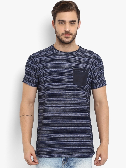 

Mufti Men Navy Blue Striped Round Neck T-shirt