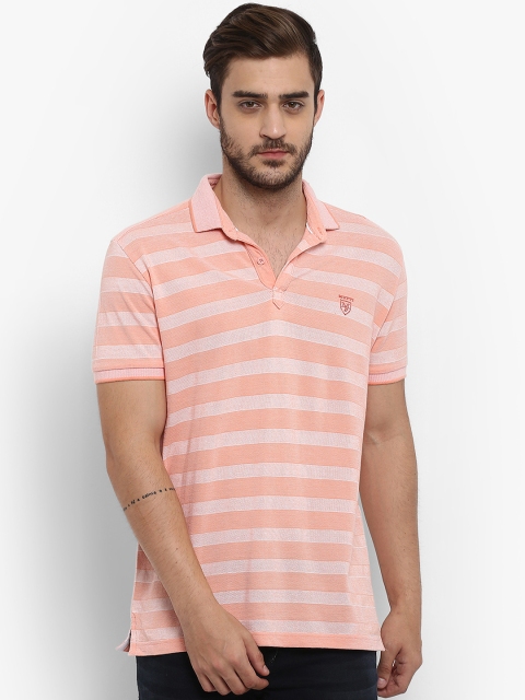 

Mufti Men Peach-Coloured Striped Polo Collar T-shirt