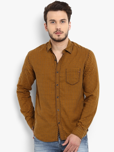 

Mufti Men Mustard Yellow & Black Slim Fit Checked Casual Shirt