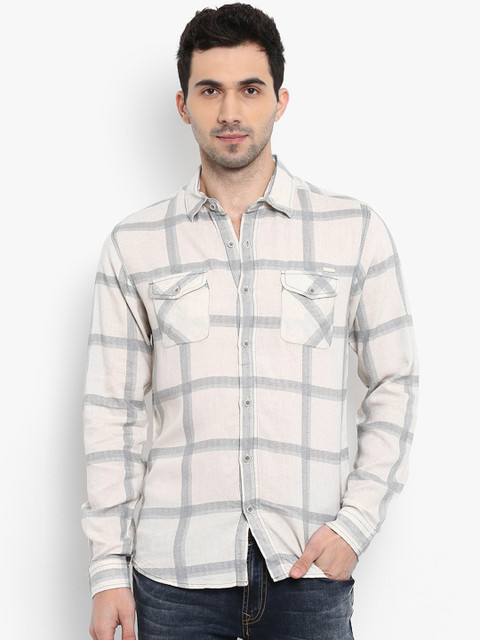 

Mufti Men Off-White & Grey Slim Fit Checked Casual Shirt