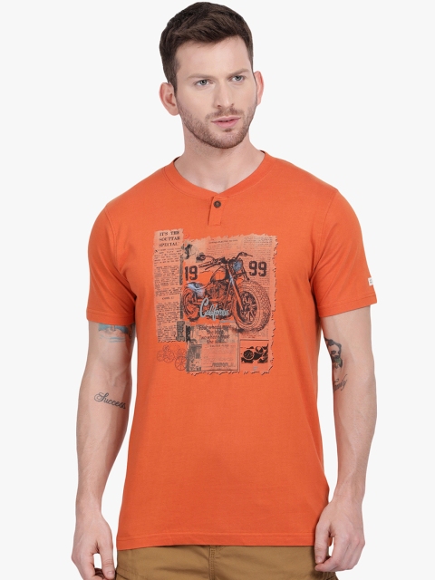 

t-base Men Orange Printed Henley Neck T-shirt