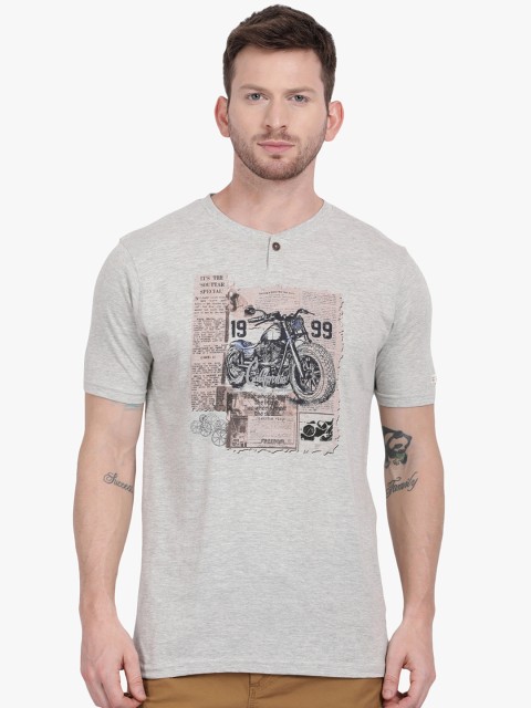 

t-base Men Grey Printed Henley Neck T-shirt