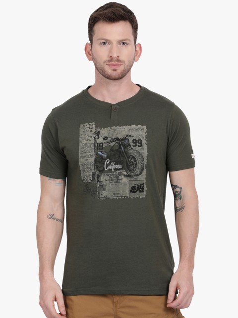 

t-base Men Olive Green Printed Round Neck Pure Cotton T-shirt