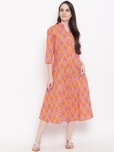 

Ayaany Women Mustard Yellow& Pink Printed A-Line Dress