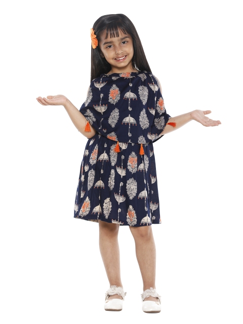 

LilPicks Girls Navy Blue Printed Fit and Flare Dress