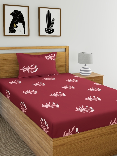 

Home Ecstasy Red Floral 140 TC Cotton 1 Single Bedsheet with 1 Pillow Covers