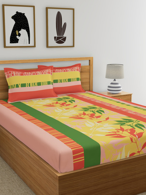 

Home Ecstasy Orange & Yellow Floral 140 TC Cotton 1 Queen Bedsheet with 2 Pillow Covers