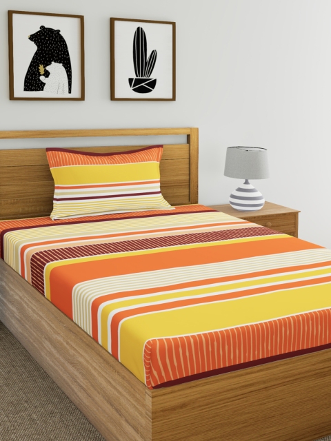 

Home Ecstasy Orange & Yellow Striped 140 TC Cotton 1 Single Bedsheet with 1 Pillow Cover