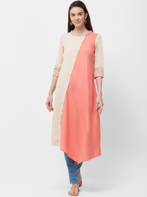 

Naari Women Beige & Orange Embroidered Colourblocked A-Line Kurta