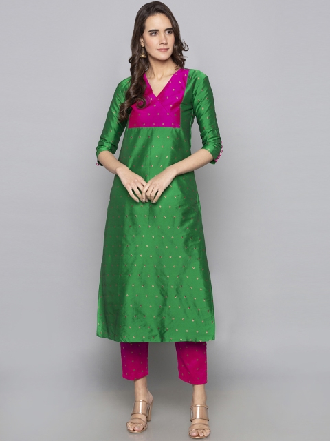 

Desi Weavess Women Green & Pink Woven Design Straight Kurta