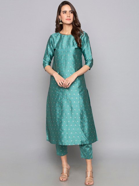 

Desi Weavess Women Teal Woven Design Straight Kurta