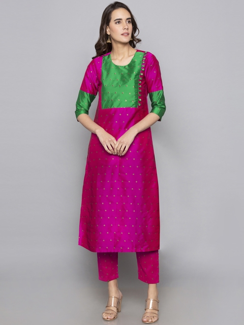 

Desi Weavess Women Pink & Green Woven Design Straight Kurta