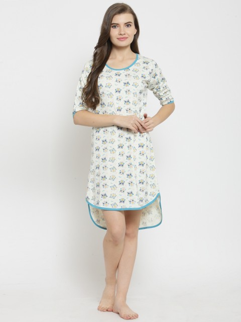 

Claura Women White & Blue Printed Sleep Shirt Cot-119, Off white