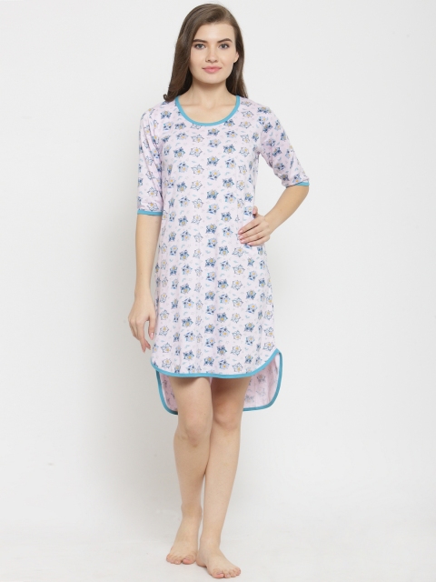 

Claura Women Pink & Blue Printed Sleep Shirt Cot-119