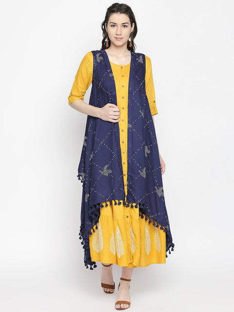 

AKKRITI BY PANTALOONS Blue Printed Open Front Shrug