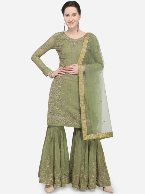 

Stylee LIFESTYLE Green Silk Blend Semi-Stitched Dress Material