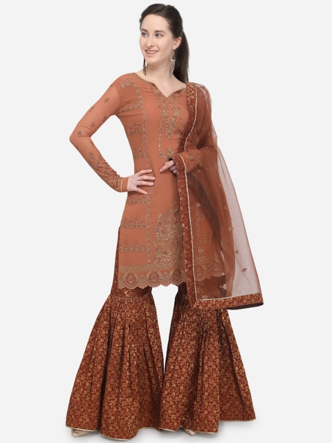 

Stylee LIFESTYLE Women Brown Silk Blend Semi-Stitched Dress Material