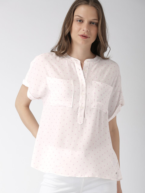 

Tommy Hilfiger Women White & Pink Printed Semi-Sheer Shirt Style Top