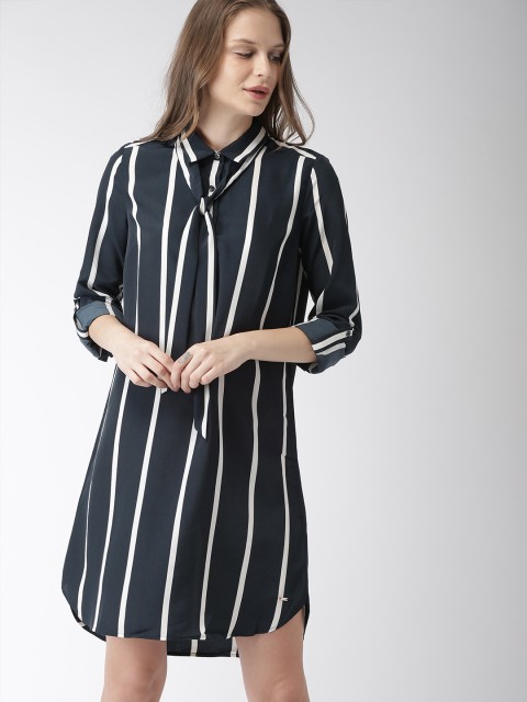 

Tommy Hilfiger Women Navy Blue & White Striped Shirt Dress