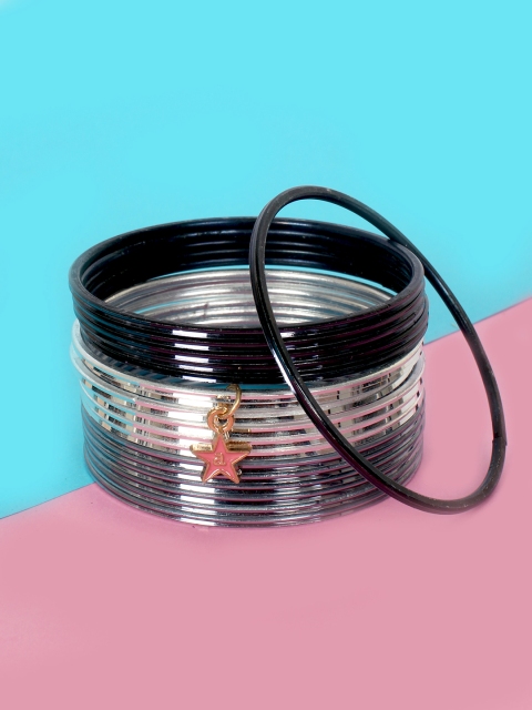 

Ayesha Set of 18 Silver-Toned & Black Bangles