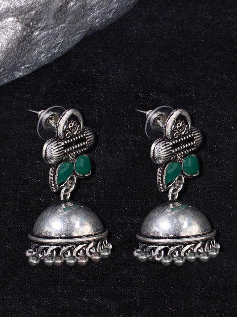 

Ayesha Oxidized Green & Silver-Toned Dome Shaped Jhumkas