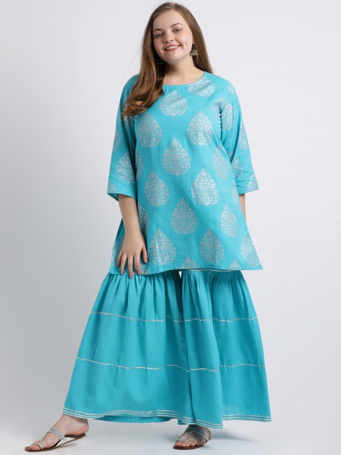 

Kira Plus Women Turquoise Blue Printed Kurta with Sharara