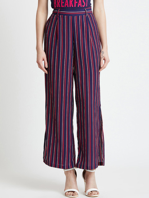 

COVER STORY Women Red & Blue Regular Fit Striped Parallel Trousers