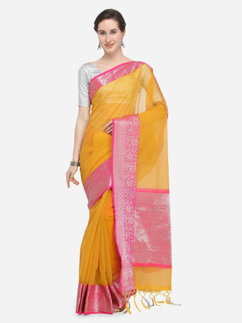 

Pisara Mustard Silk Cotton Solid Kanjeevaram Saree