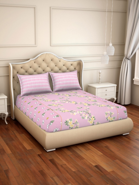 

SPACES Pink Floral 144 TC Cotton 1 Queen Bedsheet with 2 Pillow Covers