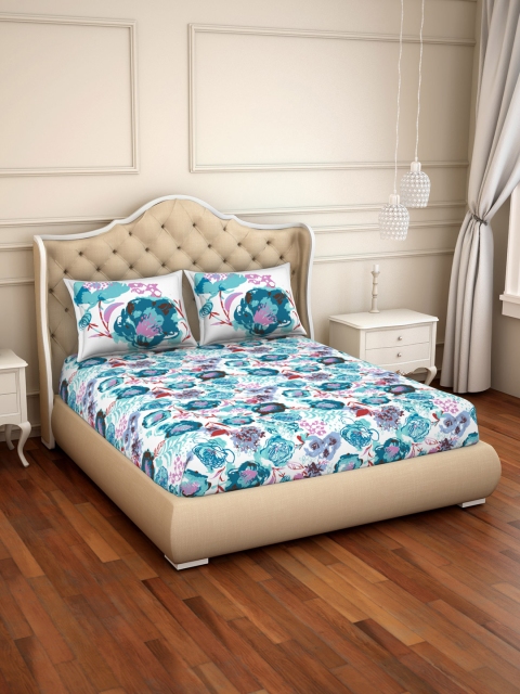 

SPACES Teal & White Floral 144 TC Cotton 1 Queen Bedsheet with 2 Pillow Covers