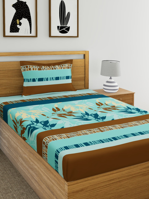 

Home Ecstasy Blue & Brown Floral 140 TC Cotton 1 Single Bedsheet with 1 Pillow Covers