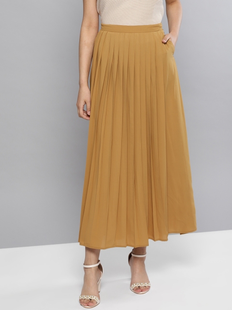 RARE Women Mustard Brown Solid Accordion Pleat A-Line Skirt