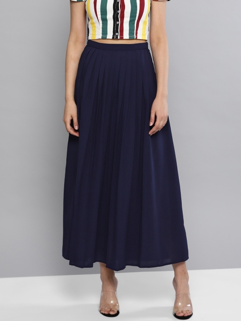 

RARE Women Navy Blue Solid Accordion Pleat A-Line Skirt