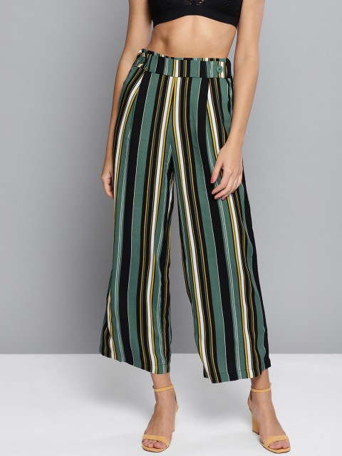 

RARE Women Green & Black Original Fit Striped Crop Parallel Trousers