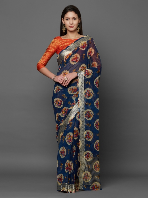 

Mitera Navy Blue & Orange Poly Georgette Printed Saree