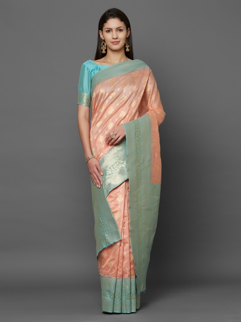 

Mitera Peach-Coloured & Blue Silk Blend Woven Design Banarasi Saree