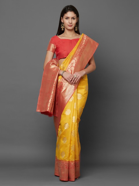 

Mitera Yellow Silk Blend Woven Design Banarasi Saree