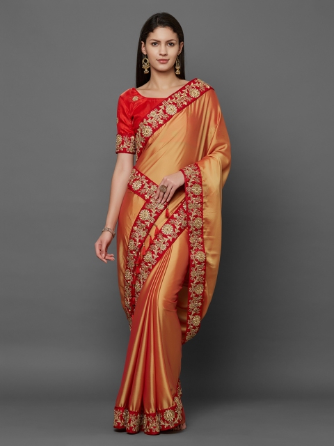 

Mitera Mustard Yellow & Gold-Coloured Poly Georgette Solid Saree