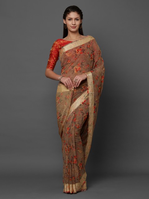 

Mitera Brown Printed Poly Georgette Saree