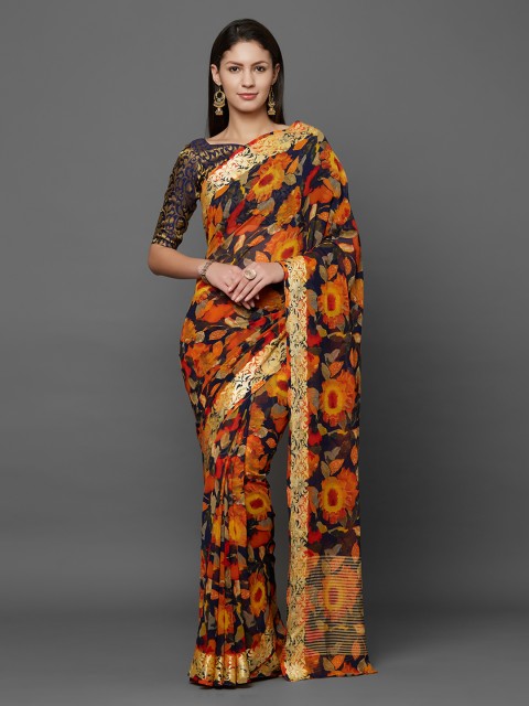 

Mitera Blue & Yellow Poly Georgette Printed Saree