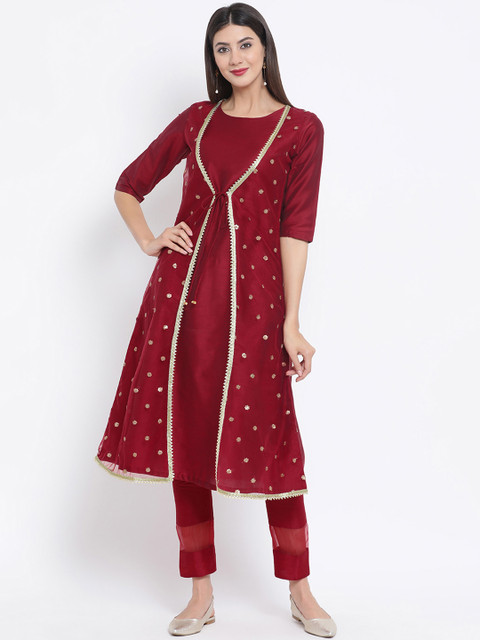 

studio rasa Women Maroon Self Design Kurta with Trousers